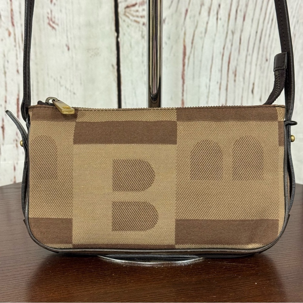 BALLY Monogram Brown textile & leather shoulder crossbody pochette mini Bag y2k